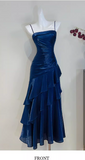 Spaghetti Strap Sheath Blue Long Prom Dresses with Ruffles, Satin Blue Formal Dresses HZ1024