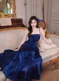 Spaghetti Strap Sheath Blue Long Prom Dresses with Ruffles, Satin Blue Formal Dresses HZ1024