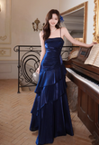 Spaghetti Strap Sheath Blue Long Prom Dresses with Ruffles, Satin Blue Formal Dresses HZ1024