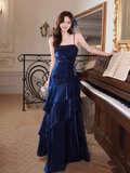 Spaghetti Strap Sheath Blue Long Prom Dresses with Ruffles, Satin Blue Formal Dresses HZ1024