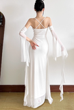 Bodycon Spaghetti Strap White Long Prom Dresses, Chiffon White Formal Dresses HZ1024