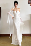 Bodycon Spaghetti Strap White Long Prom Dresses, Chiffon White Formal Dresses HZ1024