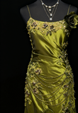 Mermaid Spaghetti Strap Dark Green Long Prom Dresses Satin Beaded Evening Gowns Dark Green Formal Dresses HZ1024