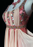 Sheath Strap Pink Long Prom Dresses, Chiffon Beaded Evening Gowns Pink Formal Dresses HZ1024
