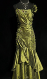Mermaid Spaghetti Strap Dark Green Long Prom Dresses Satin Beaded Evening Gowns Dark Green Formal Dresses HZ1024