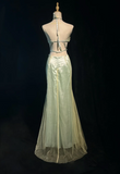 Mermaid V-neck Light Green Long Prom Dresses Chiffon Beaded Evening Gowns Light Green Formal Dresses HZ1024