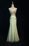 Mermaid V-neck Light Green Long Prom Dresses Chiffon Beaded Evening Gowns Light Green Formal Dresses HZ1024