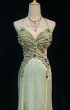 Mermaid V-neck Light Green Long Prom Dresses Chiffon Beaded Evening Gowns Light Green Formal Dresses HZ1024