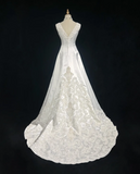 Jewel A-Line Long Wedding Dresses, Satin Beaded Applique Bridal Dresses White Bridal Gowns HZ1024