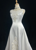 Jewel A-Line Long Wedding Dresses, Satin Beaded Applique Bridal Dresses White Bridal Gowns HZ1024