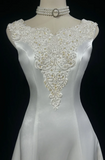 Jewel A-Line Long Wedding Dresses, Satin Beaded Applique Bridal Dresses White Bridal Gowns HZ1024