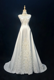 Jewel A-Line Long Wedding Dresses, Satin Beaded Applique Bridal Dresses White Bridal Gowns HZ1024