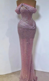 Off-Shoulder Sheath Pink Long Prom Dresses, Beaded Slit Evening Dresses, Pink Formal Dresses HZ1024