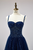 Spaghetti Strap A-Line Dark Blue Long Prom Dresses Dark Blue Formal Dresses Tulle Sequin Birthday Evening Dresses HZ1024