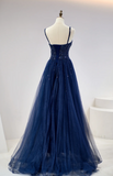 Spaghetti Strap A-Line Dark Blue Long Prom Dresses Dark Blue Formal Dresses Tulle Sequin Birthday Evening Dresses HZ1024