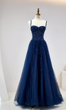 Spaghetti Strap A-Line Dark Blue Long Prom Dresses Dark Blue Formal Dresses Tulle Sequin Birthday Evening Dresses HZ1024