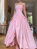 Spaghetti Strap A-Line Pink Long Prom Dresses with Slit Satin Pink Formal Dresses HZ1024