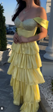 Sheath Long Prom Dresses Tiered Satin Yellow Formal Dresses Off-the-shoulder Party Dresses HZ1024