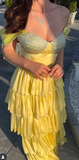 Sheath Long Prom Dresses Tiered Satin Yellow Formal Dresses Off-the-shoulder Party Dresses HZ1024