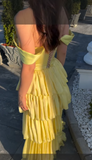 Sheath Long Prom Dresses Tiered Satin Yellow Formal Dresses Off-the-shoulder Party Dresses HZ1024