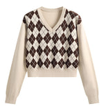 retro diamond long-sleeved short sweater HZ1024