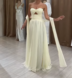 Sweetheart Neck Sheath Pale Yellow Wedding Guest Dresses Chiffon Pale Yellow Evening Gowns HZ1024