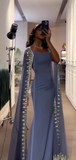 Bodycon Wedding Guest Dresses Satin Long Sleeve Grey Blue Evening Gowns HZ1024