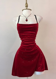 Halter Sheath Short Prom Dresses Sleeveless Velvet Burgundy Birthday Dresses Christmas Dresses HZ1024