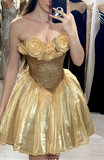 Strapless A-line Short Prom Dresses Tulle Gold Homecoming Dresses HZ1024