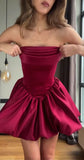 A-Line Short Prom Dresses Satin Burgundy Homecoming Dresses Strapless Birthday Dresses HZ1024