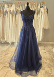 Spaghetti Strap A-Line Long Prom Dresses Beaded Tulle Navy Blue Evening Gowns HZ1024