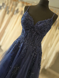 Spaghetti Strap A-Line Long Prom Dresses Beaded Tulle Navy Blue Evening Gowns HZ1024