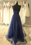 Spaghetti Strap A-Line Long Prom Dresses Beaded Tulle Navy Blue Evening Gowns HZ1024