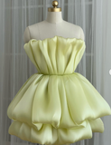 Strapless A-Line Short Prom Dresses Satin Yellow Homecoming Dresses HZ1024