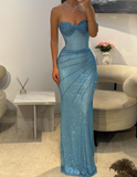 Sweetheart Sheath Long Prom Dresses Mesh Blue Evening Dresses HZ1024