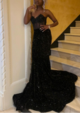 Sweetheart Mermaid Long Prom Dresses Sequined Black Evening Dresses HZ1024