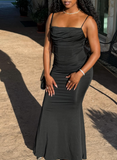 Spaghetti Strap Mermaid Long Prom Dresses Satin Black Evening Dresses HZ1024