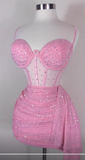 Spaghetti Strap Tight Homecoming Dress Pink Birthday Dresses Rhinestone Chiffon Short Prom Dresses HZ1024