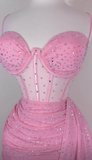Spaghetti Strap Tight Homecoming Dress Pink Birthday Dresses Rhinestone Chiffon Short Prom Dresses HZ1024