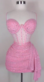 Spaghetti Strap Tight Homecoming Dress Pink Birthday Dresses Rhinestone Chiffon Short Prom Dresses HZ1024