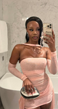 Strapless Bodycon Homecoming Dresses Pink Birthday Dresses Chiffon Short Prom Dresses HZ1024