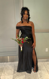 One Shoulder Sheath Long Prom Dresses Black Guest Dresses Satin Black Formal Dress with Slit HZ1024