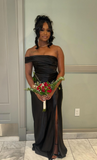 One Shoulder Sheath Long Prom Dresses Black Guest Dresses Satin Black Formal Dress with Slit HZ1024