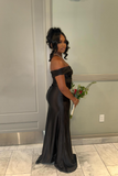 One Shoulder Sheath Long Prom Dresses Black Guest Dresses Satin Black Formal Dress with Slit HZ1024