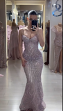 Spaghetti Strap Mermaid Long Prom Dresses Beaded Tulle Evening Dresses HZ1024