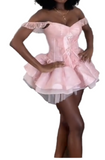 V Neck Ball Gown Tulle Short Prom Dresses Pink Homecoming Dresses HZ1024