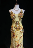 Spaghetti Strap Mermaid Long Prom Dresses Beaded Chiffon Yellow Formal Dresses HZ1024
