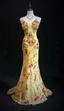 Spaghetti Strap Mermaid Long Prom Dresses Beaded Chiffon Yellow Formal Dresses HZ1024