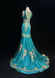 V Neck Mermaid Long Prom Dresses Satin Applique Blue Evening Dresses HZ1024