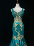 V Neck Mermaid Long Prom Dresses Satin Applique Blue Evening Dresses HZ1024